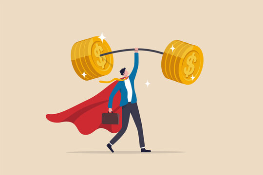 Investment professional or financial literacy, investing expert or wealth manager, effort to earn more money or fund profit concept, confidence businessman superhero lift up heavy money coins weight.