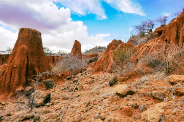 Naklejka premium Scenic view of Ol Jogi canyons against sky at Nanyuki, Kenya