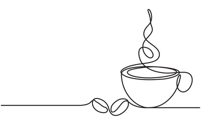 Cup of coffee and coffee bean. Hot. Aroma of coffee. Continuous line drawing.