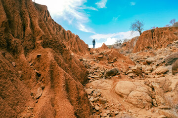 A hiker at a scenic view point against the Ol Jogi canyons in Nanyuki, Kenya