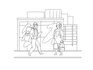 Food delivery man and teenager boy people citizen on city street line vector illustration