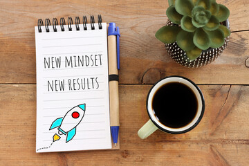 concept image with new mindset new results text. top view of office table