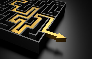 Black maze labyrinth with golden arrow