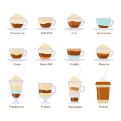 Different kinds of coffee drinks . Vector cartoon illustration.