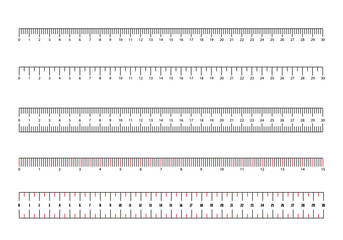 Set of ruler scale 30 cm. Centimeter, millimeter, inch and metric rulers. Mmarking for ruler, measure on scale of centimeter, millimeter and inches, marks for tape measure. Vector illustration