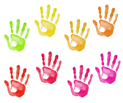Watercolor illustration of hand painted colorful prints of hands of men, women, children. Human abstract palms. Isolated on white clip art elements for postcards, posters, banners. Childrens day