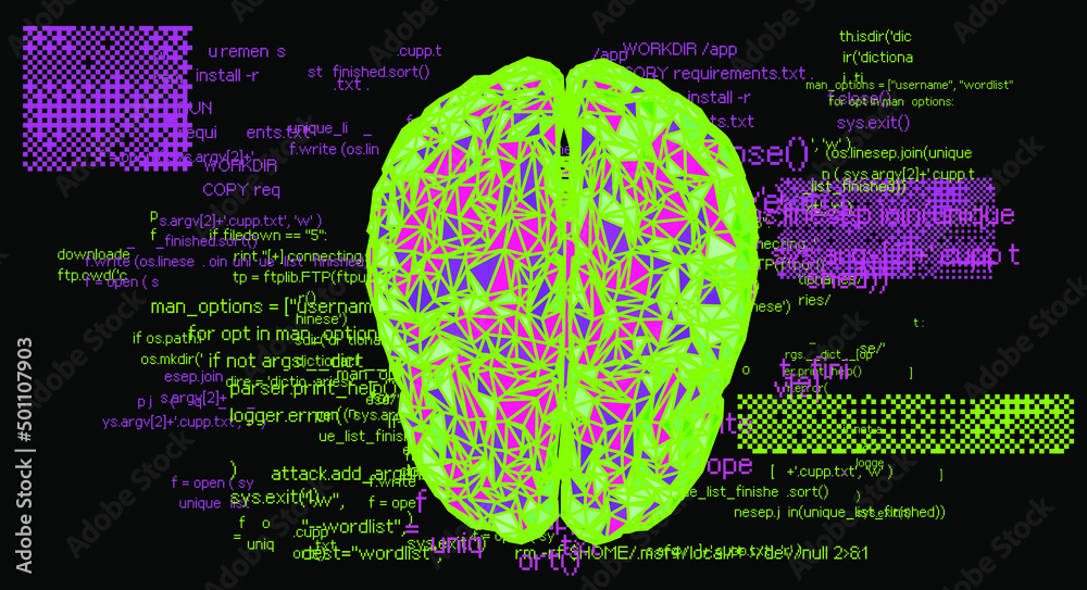 Poster 3d illustration of a low-poly brain on a glitched and pixelated background. concept of the artificia