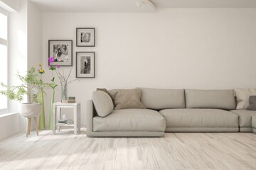 White living room with sofa. Scandinavian interior design. 3D illustration