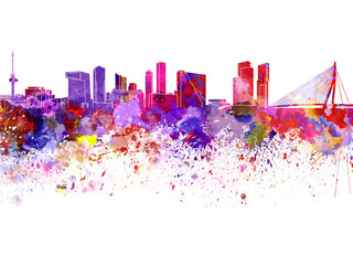 Rotterdam skyline in watercolor on white background