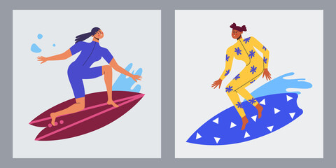 Set of cards. Different women are surfing. Vector illustration.