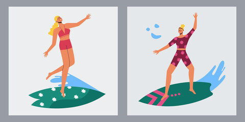Surfing. Women conquer the waves on the surf. Vector illustration.
