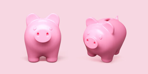 Realistic piggy bank. Pink pig isolated on white background. Piggy bank concept of money deposit and investment. Vector illustration