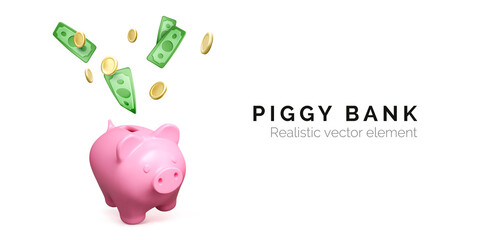 Pink piggy bank and falling green paper money and gol coins. Finance investment banner isolated on white background. Save money. Vector illustration - obrazy, fototapety, plakaty