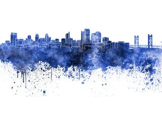 Sacramento skyline in blue watercolor on white background