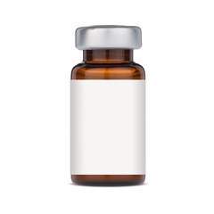 Brown glass bottle with metal stopper and white label for text. Packaging for injectable medicines,...