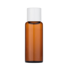 A brown glass bottle with a white lid. Packaging for liquid medical and cosmetic preparations.