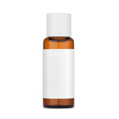 A brown glass bottle with a white lid and a white label for the inscription. Packaging for liquid medical and cosmetic preparations.