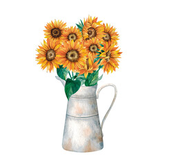 Watercolor watering can with sunflowers. Hand drawn Illustration isolated on white background. Design for stickers, greeting cards, posters.