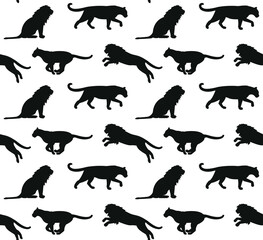 Vector seamless pattern of flat lions silhouette isolated on white background