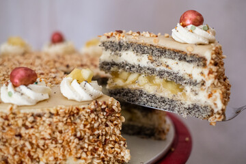 Marzipantorte mit Krokant und Sahne im Anschnitt