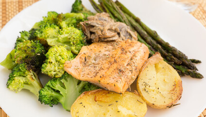 delicious dish of fried river trout fillet with garnish of broccoli, asparagus sprouts, baked potatoes and mushroom sauce