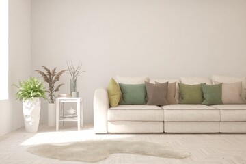 White living room with sofa. Scandinavian interior design. 3D illustration