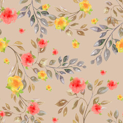 Watercolor seamless pattern, rose sprigs, intertwined Boho stile