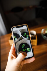 female hand holding a phone and taking pictures of small plants in a pot