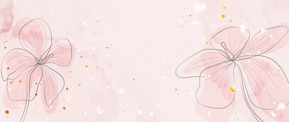 Luxury botanical art background with art line flowers and gold and white glitter in pink. Watercolor vector banner for wallpaper design, decor, invitation, packaging