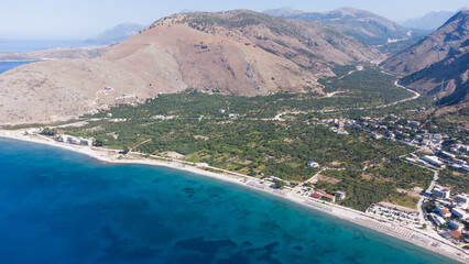 summer Ionian sea coast top view with beaches, Albania