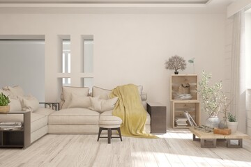 White living room with sofa. Scandinavian interior design. 3D illustration