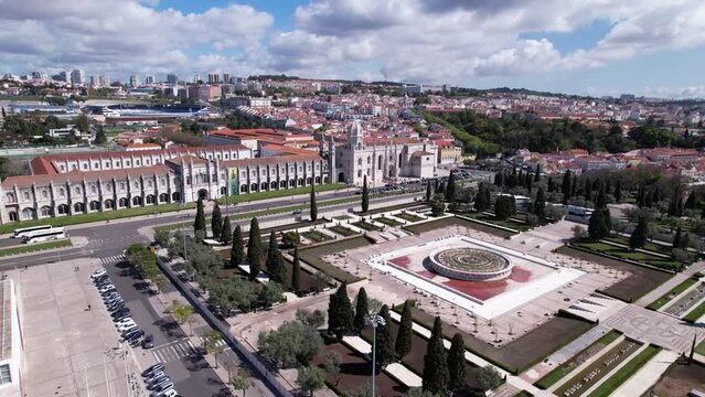 DRONE AERIAL FOOTAGE: The Monastery of Jeronimos (or the Royal Monastery of Saint Mary of Bel&eacute;m), was founded by King D. Manuel I in the beginning of the 16th century in Lisbon, Portugal.