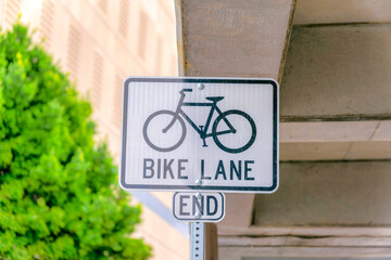 Bike lane signage on a post at Silicon Valley in Downtown San Jose, California