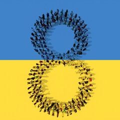 Obraz premium Concept or conceptual community of people forming the number 8 on Ukrainian flag. 3d illustration metaphor for education, school, hope, peace, freedom, help, care and assitance in the face of war