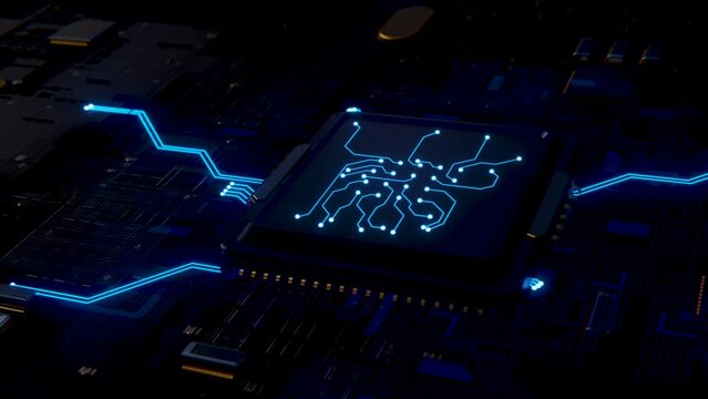3D Microchip. Visualization of a digital impact or a processor or computer starting, booting and data transmission in board chip. Neon glowing circuit chip, board, microchip. Augmented Virtual Reality