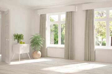 White empty room with summer landscape in window. Scandinavian interior design. 3D illustration