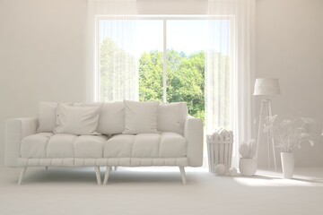 Mock up of stylish room in white color with sofa and green landscape in window. Scandinavian interior design. 3D illustration