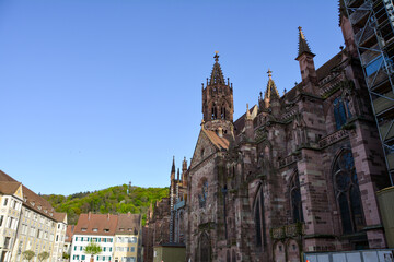 Fototapeta na wymiar Munster in the center of the city of Freiburg im Breisgau, with houses ,Germany