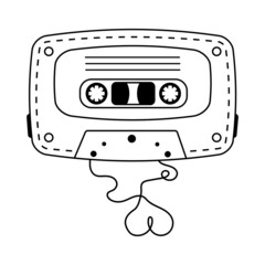 Retro audio cassette in doodle style. Old-fashioned vintage cassette tape ribbon formed heart shaped.
Analog media for recording and listening to stereo music.
