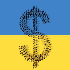 Concept or conceptual community  of people forming the dollar  sign on Ukrainian flag. 3d illustration metaphor for education, school, hope, peace, freedom, help and assitance in the face of war