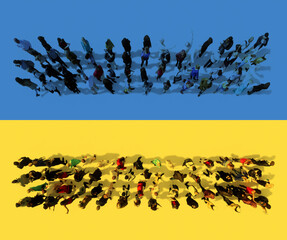 Concept or conceptual community  of people forming the minus equal on Ukrainian flag. 3d illustration metaphor for education, school, hope, peace, freedom, help and assitance in the face of war