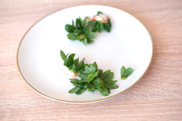 fresh strawberries, fresh vitamin fruit juicy slice with fresh cut, isolated object on a white plate, ate berries, concept of vegetarian, vitamin, wholesome food, healthy eating