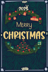 Merry Christmas 2023 greeting card. Hand drawn flat vector Christmas composition of fir tree with xmas decorations, and lettering. Design for winter greeting cards, backgrounds, winter holidays.