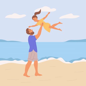 Dad and daughter on the beach. Flat vector illustration