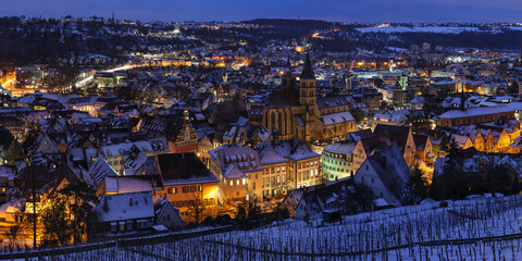 Old town with St. Dionys Church in winter, Esslingen am Neckar, Baden Wurttemberg, Germany