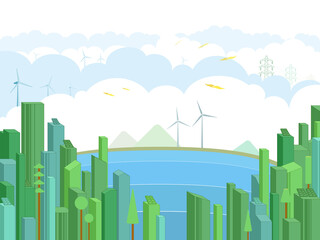 Metropolis 2 with ECO elements and sea shows the importance of ecology vector illustration graphic EPS 10