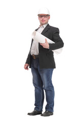 Side view image of an architecture wearing white hard hat