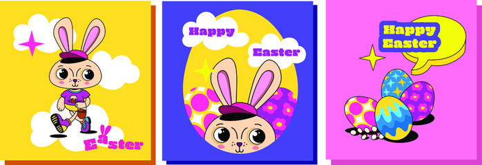 Set of postcards for Easter with cartoon bunny and painted eggs in trendy colors.