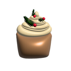 3D vector christmas cupcake. Hand drawn 3D vector sweet cupcake with whipped cream and Christmas decorations.  isolated on a white background. Design for cards, posters, banners, sweet packaging.