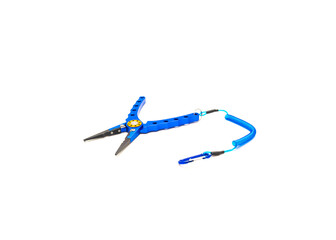 Blue light and durable aluminum alloy fish pliers, multifunctional hook puller with split ring and spiral cord, spring retainer for a secure grip isolated on white background.